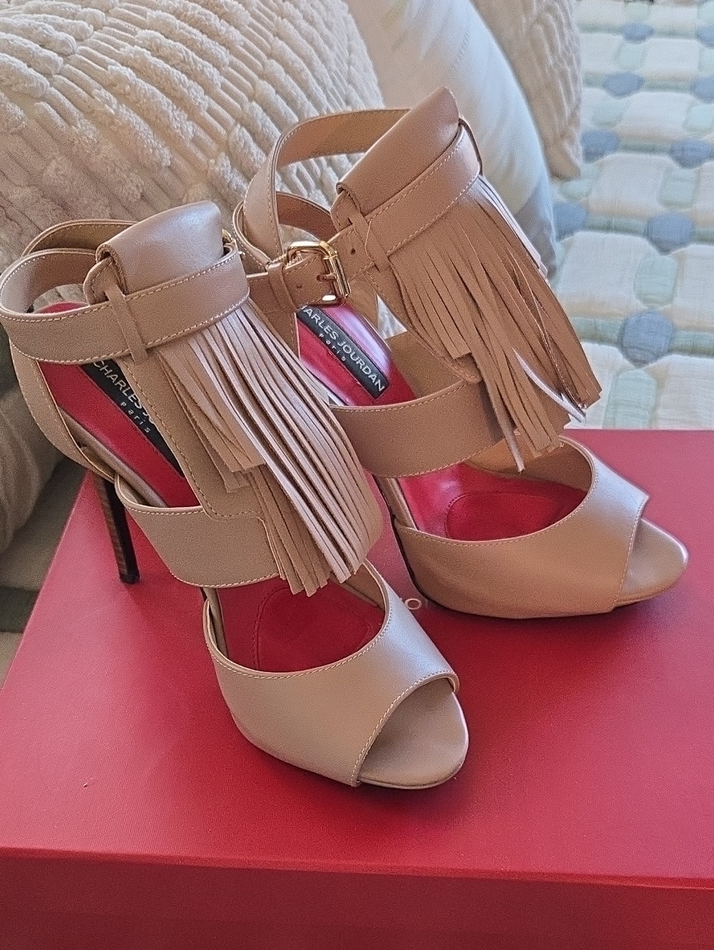 Charles Jourdan Paris Oates Nude Leather Fringe Peep Toe Sandals GUC - 7